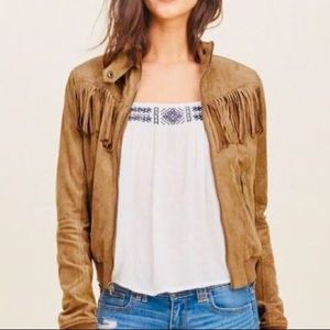 Faux-Suede Fringe Bomber Jacket